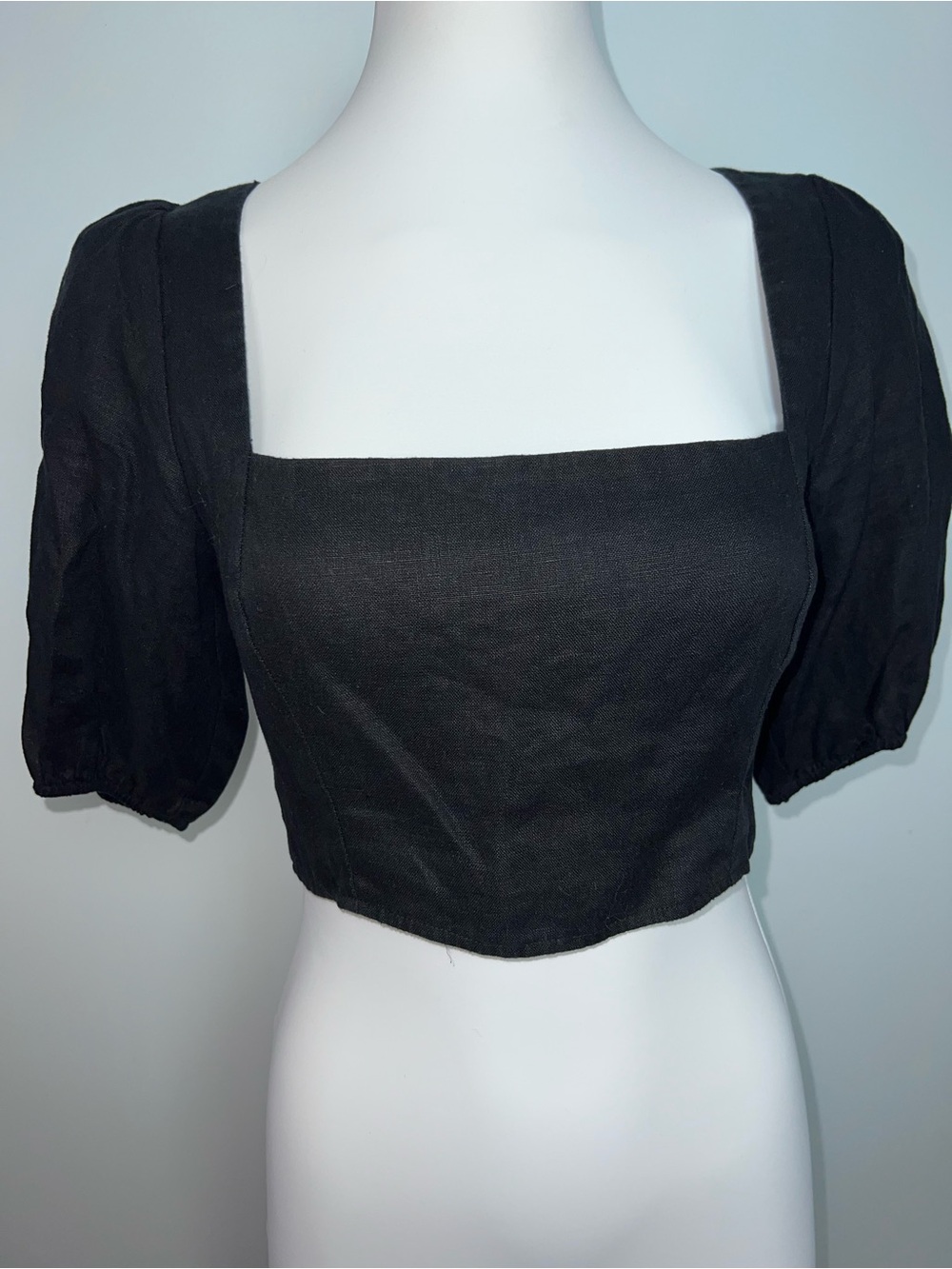 Reformation Black Linen Square Neck Puff Sleeve Crop Top Size 8 Smocked Back